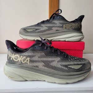 Hoka Mens Clifton 9 Charcoal and Olive Athletic Sneakers Size 10.5